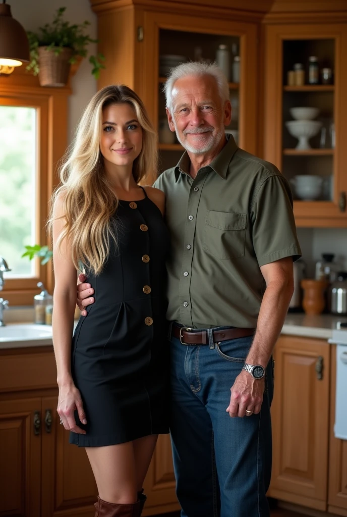 Create a realistic image of a 20 year old woman, Long blonde hair, Blue eyes, cheekbones, ((full body)), dressed in a black colored dress with buttons on the front of the dress, colored boots brown, next to his grandfather, background image: a kitchen, head to toe, full body
