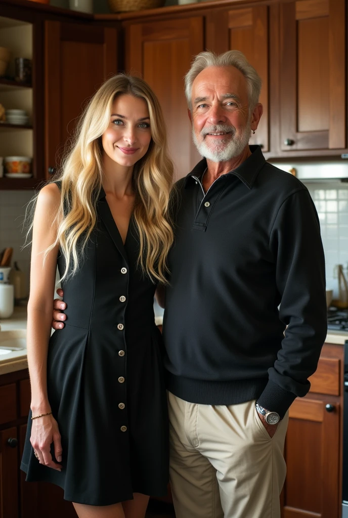 Create a realistic image of a 20 year old woman, Long blonde hair, Blue eyes, cheekbones, ((full body)), dressed in a black colored dress with buttons on the front of the dress, colored boots brown, next to his grandfather, background image: a kitchen, head to toe, full body