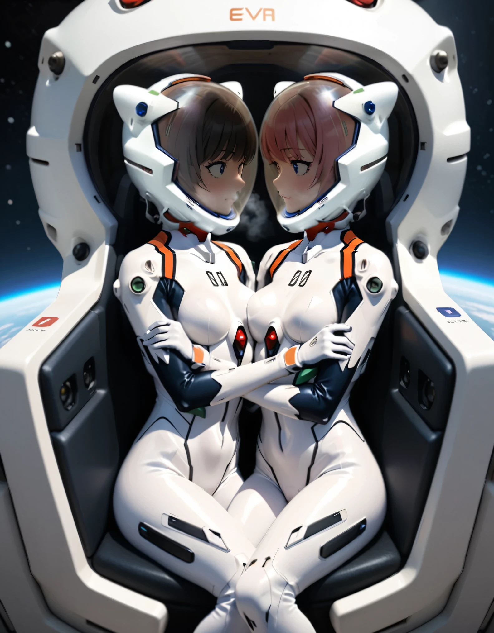 naked asuka  from Neon Genesis Evangelion kissing shinji ikari, space ship, futuristic, bed