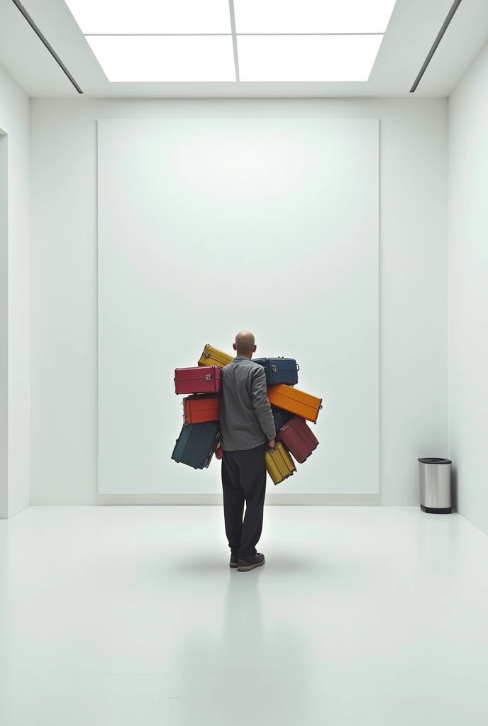 A large, simple, white painting is hanging on the white wall of the room.、In the center of the painting, a bald man is depicted facing backwards, filling the entire painting.。The man has so much luggage that he can't carry it all in his hands.。The person's back is facing away from him, so his expression is not visible. There is a small white trash can on the right side of the wall.
