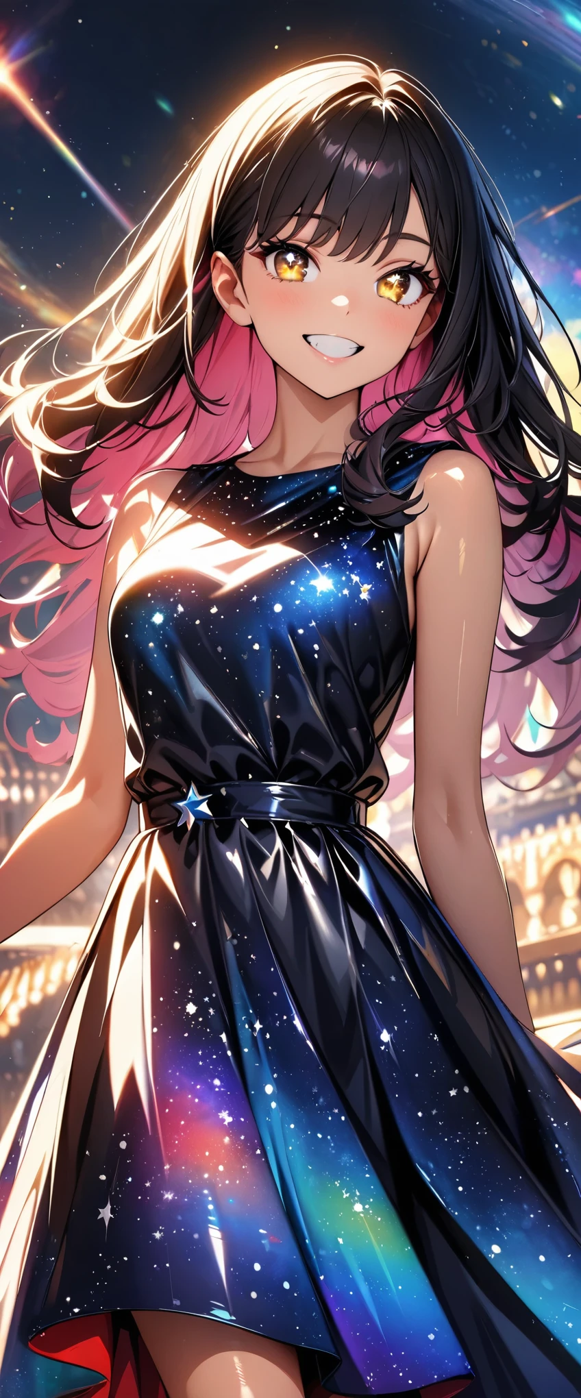 (Highest quality:1.2, Very detailed, up to date, Vibrant, Ultra-high resolution, High Contrast, masterpiece:1.2, Highest quality, Best aesthetics), (((1 person, beautiful girl))), Rainbow Hair, Long Straight Hair, Yellow Eyes, Sparkling Eyes, Detailed face, Fine hair, Detailed skin, (Beautiful eyes:1.5), smile, Showing teeth, Cowboy Shot, slender, Beautiful Skin, (Starry sky dress, Shiny Dress, Galaxy Dress:1.4), Red carpet, Award ceremony.