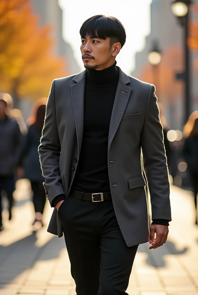 фото full length идущего по городу мужчины, Medium height, 35 years, black hair, Sports figure, broad shoulders, a neat stylish hairstyle, wide cheekbones, grey turtleneck coat, black dress pants, black short blazer, черный Classic Jacket, suit jacket, Classic Jacket, black leather derby shoes, stylish black blazer, warm autumn, Early autumn, Sunny weather, walking through the city, looks ahead, Stylish look, thoughtful look, full length, free pose, dynamic pose, solar lighting, daylight, black hair, blunt bangs, Serious, expressionless, atmospheric perspective, bokeh, f/1.8, 85mm, Nikon, depth of field, uhd, masterpiece, accurate, anatomically correct, textured skin, super detail, high details, high quality, highres, 4K