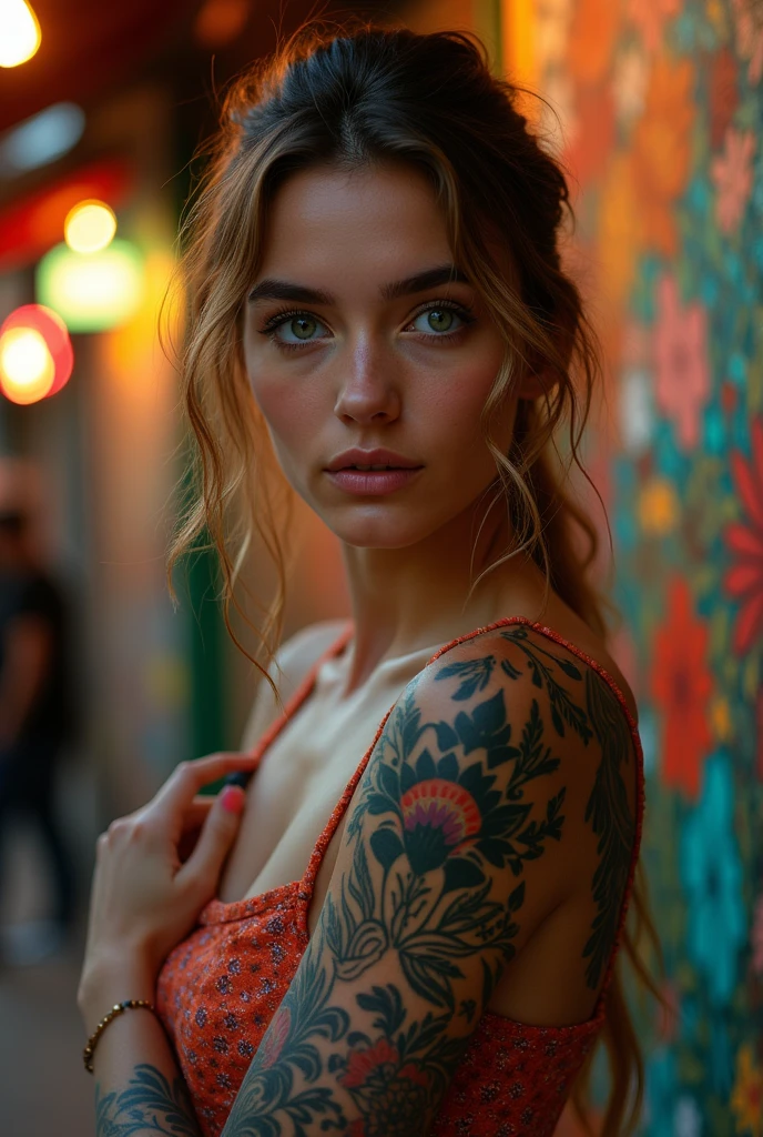 Young Eurasian woman 22 years old with green eyes and full tattoo