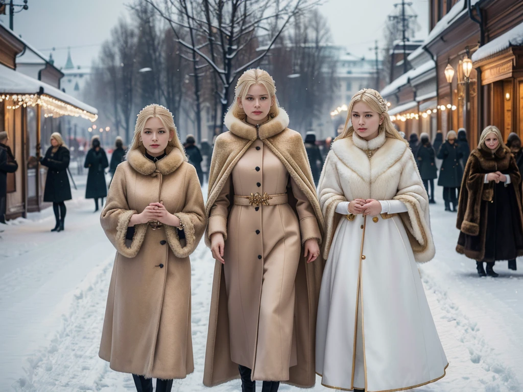 Russian women of the Imperial era、Russian lady in gorgeous dress、Winter street corner in Russia、snow、Women wearing luxurious furs。(((Blonde、))),fur cape、Looking at this、(((Staring at the photographer、Pair of women)))、Fur coat。