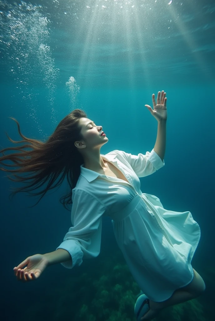 In the deep sea where only bubbles float、A plump 45-year-old aunt from Osaka,With eyes closed,Reach your arms out to the surface of the water,Take a deep breath.、Wearing a white shirt、Looking healthy、Her hair swayed like waves、