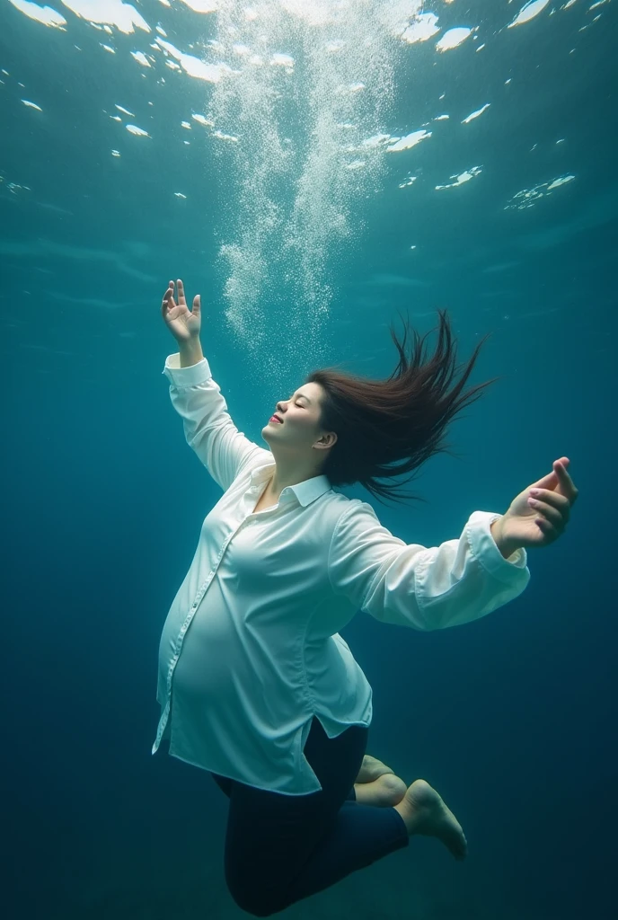 In the deep sea where only bubbles float、A plump 45-year-old aunt from Osaka，With eyes closed，Reach your arms out to the surface of the water，Take a deep breath.、Wearing a white shirt、Looking healthy、Her hair swayed like waves、