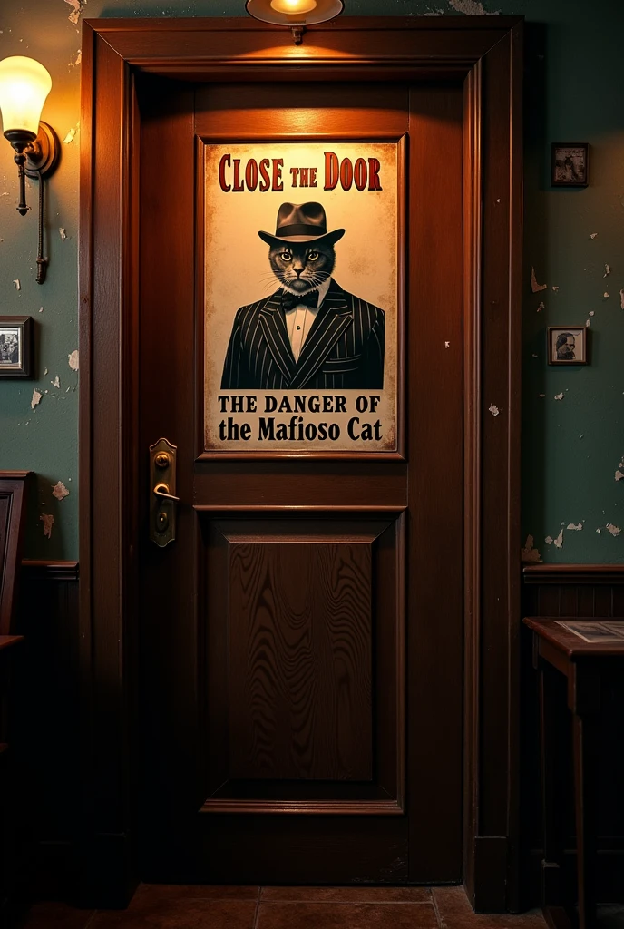 A Godfather style poster, on the door of a bathroom in a Sicilian mafia restaurant hanging from a nail on the door that says "Close the door" centered large and at the bottom "The danger of the mafioso cat". photo realistic style, 4k
