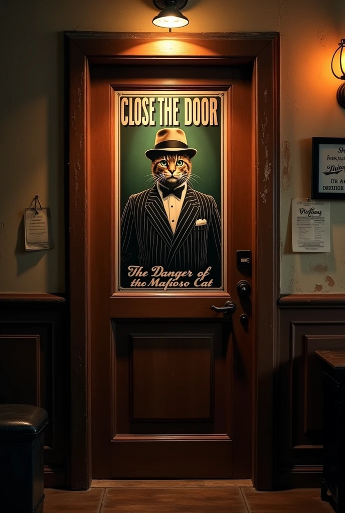 A Godfather style poster, on the door of a bathroom in a Sicilian mafia restaurant hanging from a nail on the door that says "Close the door" centered large and at the bottom "The danger of the mafioso cat". photo realistic style, 4k