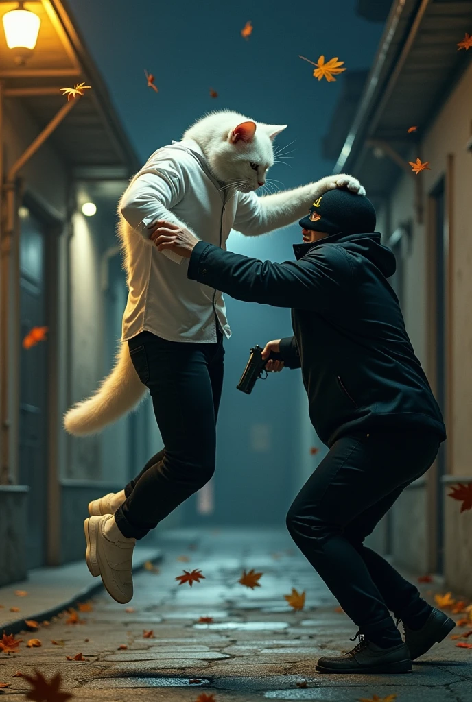 A white tall muscular cat dressed in white shirt and black pant jumps in air and touches the head of a robber with black mask on face and pistel in hand who cries in pain