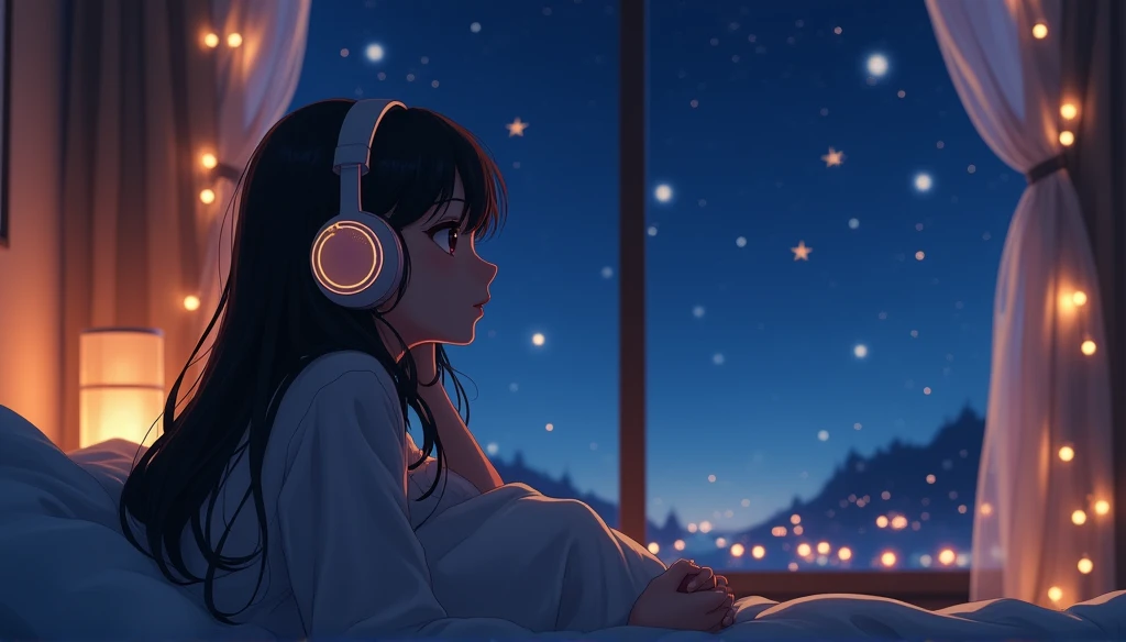night、Girl listening to music in a cozy room, Using headphones, 2D風anime, Lo-Fi, hard disk, Dark Environment,Ghibli style, (Highest quality, 4K, masterpiece :1.3), Beautiful woman, One person, (chest, Attractive body :1.2), Dark brown hair: 1.1, Highly detailed face, Detailed lips, Detailed eyes, double eyelid, night, 2Dスタイルanime,anime