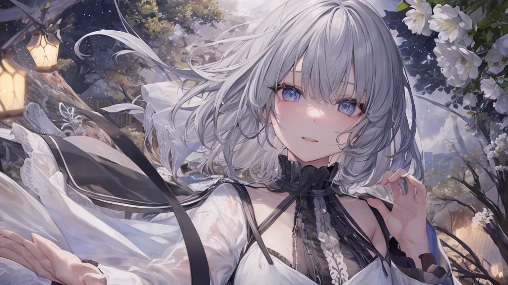 Open your mouth、Flower Field、Her eyes were shining、Mysterious and enchanting atmosphere。With AI Painting、とてもshort hair, Long bangs between the eyes, Very detailed,(masterpiece、Highest quality)、alone、Gray Hair、Fantasy, Silver Hair, Fantasyな風景、smile、Open your mouth、short hair、short hair、hairpin、black eye、Grey Eyes、Beautiful Eyes、Black Shirt、White hoodie