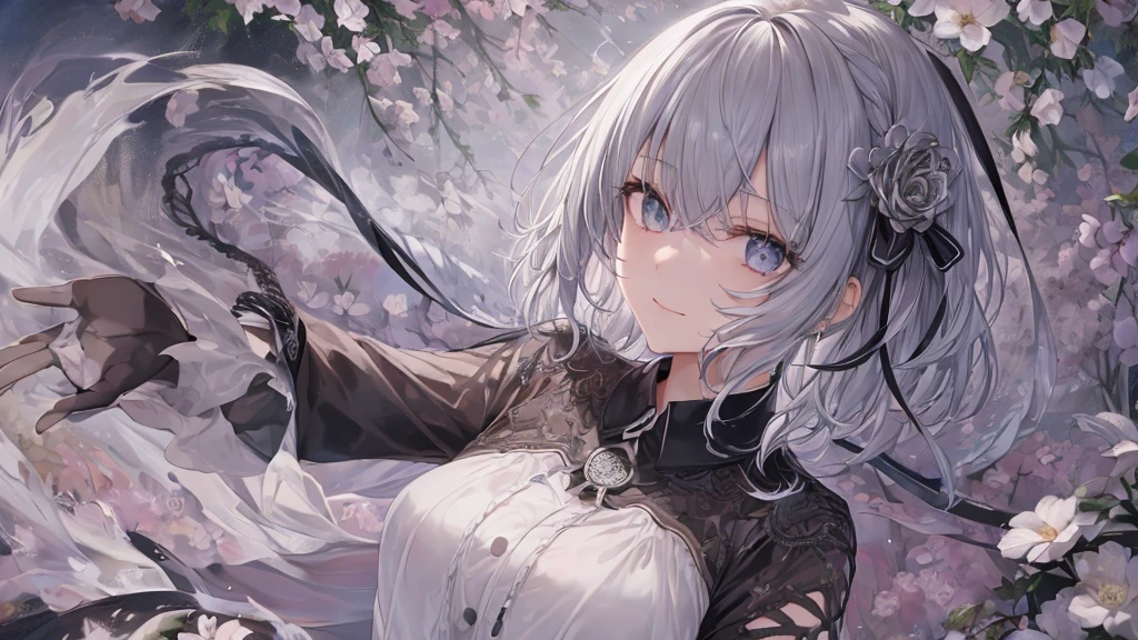 Open your mouth、Flower Field、Her eyes were shining、Mysterious and enchanting atmosphere。With AI Painting、とてもshort hair, Long bangs between the eyes, Very detailed,(masterpiece、Highest quality)、alone、Gray Hair、Fantasy, Silver Hair, Fantasyな風景、smile、Open your mouth、short hair、short hair、hairpin、black eye、Grey Eyes、Beautiful Eyes、Black Shirt、White hoodie