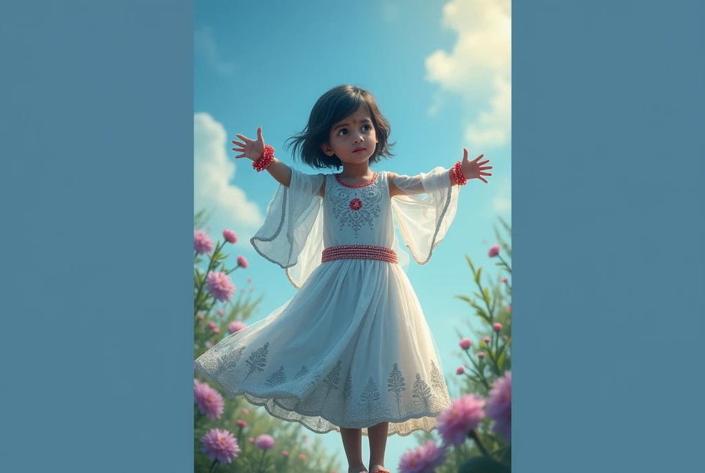 Create an Indian small girl with short hair like a boy who embodies the power of love. She wears a flowing pink and white dress adorned with intricate traditional Indian patterns. Her outfit is a blend of modern superhero elements and cultural designs, with pink representing compassion and love, while white symbolizes purity and peace. She has long, flowing hair and a serene yet powerful expression. Her accessories include bangles that glow with a soft light, and her eyes radiate warmth and kindness. She stands tall with an aura of grace, ready to spread love and hope.