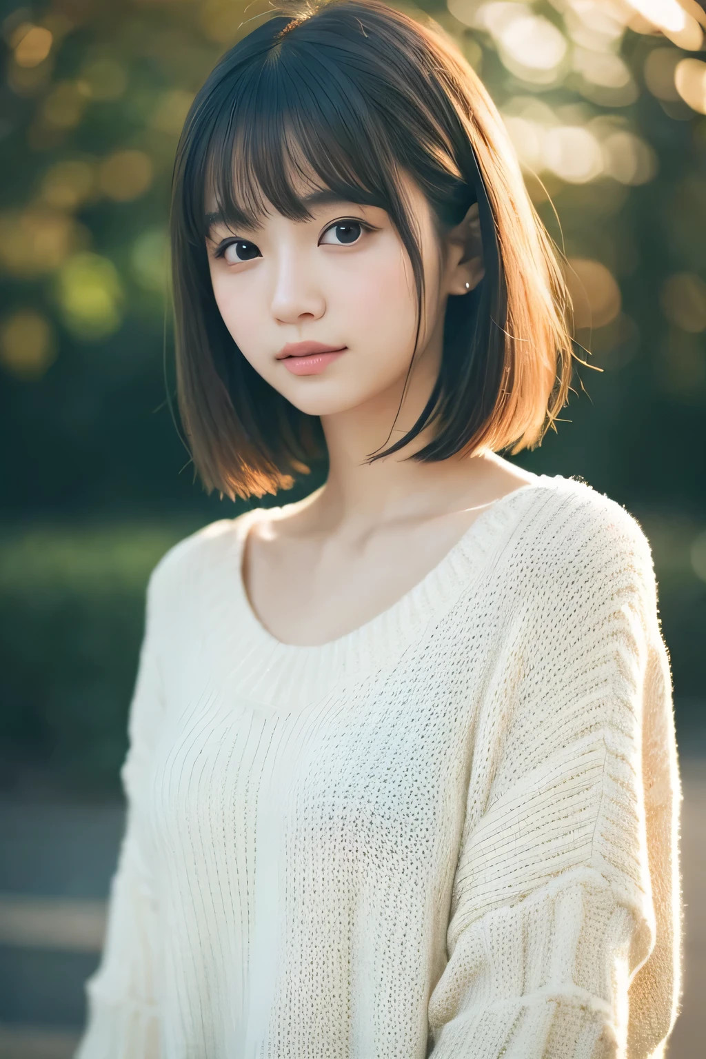 masutepiece, Best Quality, 8K, 20 yo, large full breasts, cute little, Solo, sad, Cute, Girly, Delicate girl, Neat and clean beauty,  Raw photo, Professional Photography, Portrait, Soft light, Professional Lighting, Back lighting, Upper body, Looking away, Sophisticated, Film grain, (Eyes and faces with detailed:1.0), Short-length floating hair, Beautiful flowing hair, Bangs, Sweaters,
