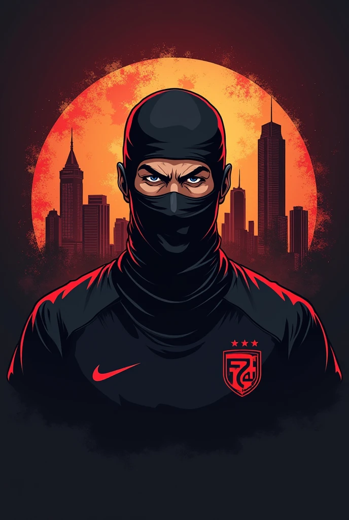 Logo for a soccer team with a masked antihero in the middle, with some skyscreapers in the back, use dark colors likes Red and Brown , put all the elements in a circle. Made It more like a football logo team