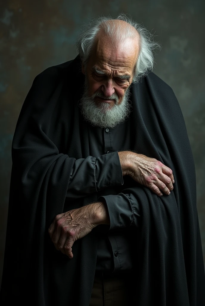 A grunge style photograph of an old man with tears in his eyes hugging the grim reaper, poignant, dramatic lighting, high contrast