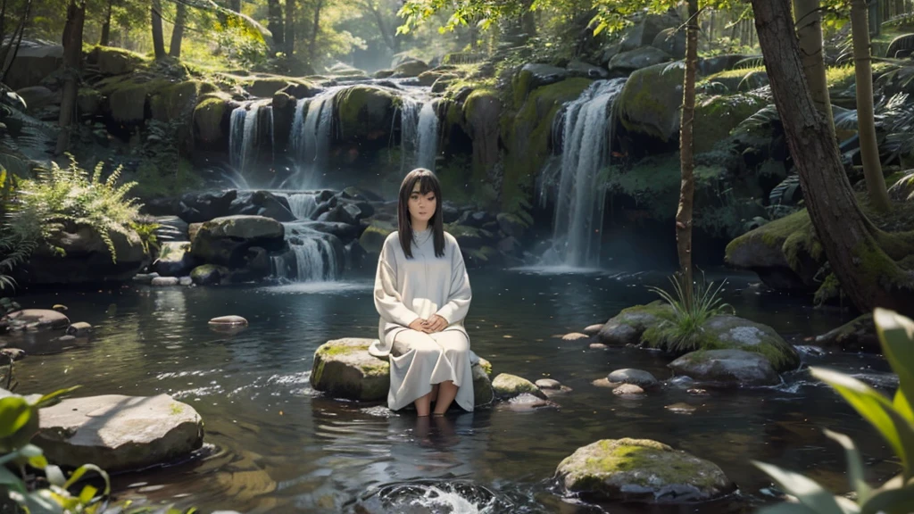 Show someone seated in a tranquil natural setting, with faint outlines of spiritual entities or energy flows visible in the environment