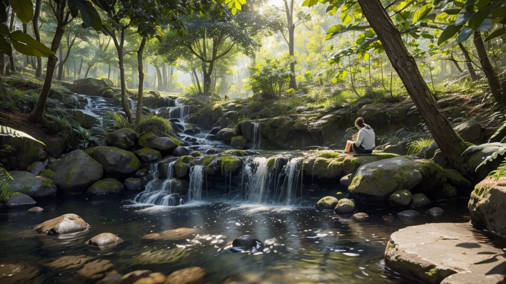 Show someone seated in a tranquil natural setting, with faint outlines of spiritual entities or energy flows visible in the environment