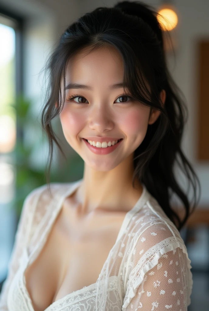 One person, Gaze, Black Hair, High resolution, modern,Character portrait, smile, Large Breasts, smile, Light blush,
High resolution, 18-year-old,Lace shirt,Side Ponytail,