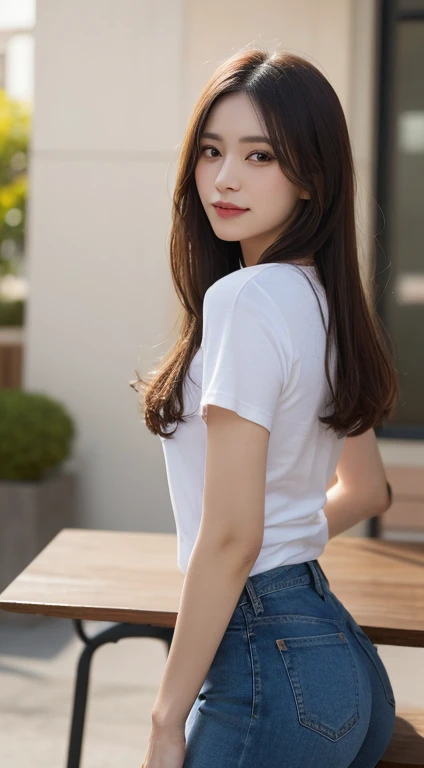 a beautiful woman on a table top, extremely detailed, hyper realistic, 8k wallpaper, perfect dynamic composition, beautiful detailed eyes, beautiful detailed lips, beautiful detailed face, ecstasy expression, smiling face, woman wearing t-shirt and jeans, (best quality,4k,8k,highres,masterpiece:1.2),ultra-detailed,(realistic,photorealistic,photo-realistic:1.37),HDR,UHD,studio lighting,ultra-fine painting,sharp focus,physically-based rendering,extreme detail description,professional,vivid colors,bokeh,photo