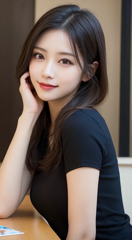 a beautiful woman on a table top, extremely detailed, hyper realistic, 8k wallpaper, perfect dynamic composition, beautiful detailed eyes, beautiful detailed lips, beautiful detailed face, ecstasy expression, smiling face, woman wearing t-shirt and jeans, (best quality,4k,8k,highres,masterpiece:1.2),ultra-detailed,(realistic,photorealistic,photo-realistic:1.37),HDR,UHD,studio lighting,ultra-fine painting,sharp focus,physically-based rendering,extreme detail description,professional,vivid colors,bokeh,photo