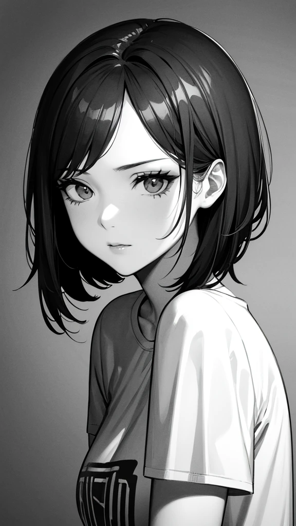 1girl, solo, monochrome, greyscale, short black hair, portrait, T-shirt, closed mouth, looking at viewer, sketch, graphite \(medium\), detailed lips, hatching \(texture\), without makeup, bangs, upper body, (best illustration), (best quality), (very detailed), (masterpiece),