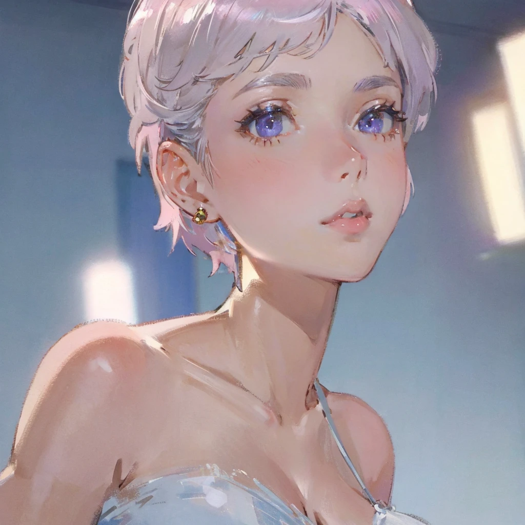 close-up shot of 1girl, light pink short hair, silver eyes, glossy lips, sapphire earrings, iper-realistic, masterpiece, cinematic lighting, best quality, anatomically perfect.
