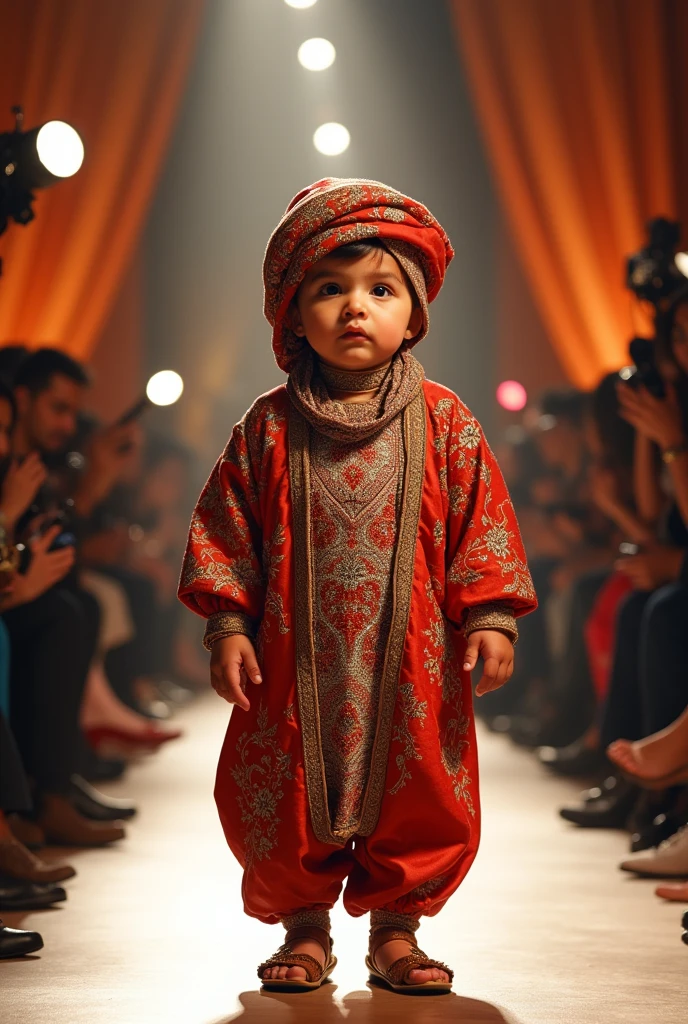 big head wearing Moroccan in full body realistic fashion show