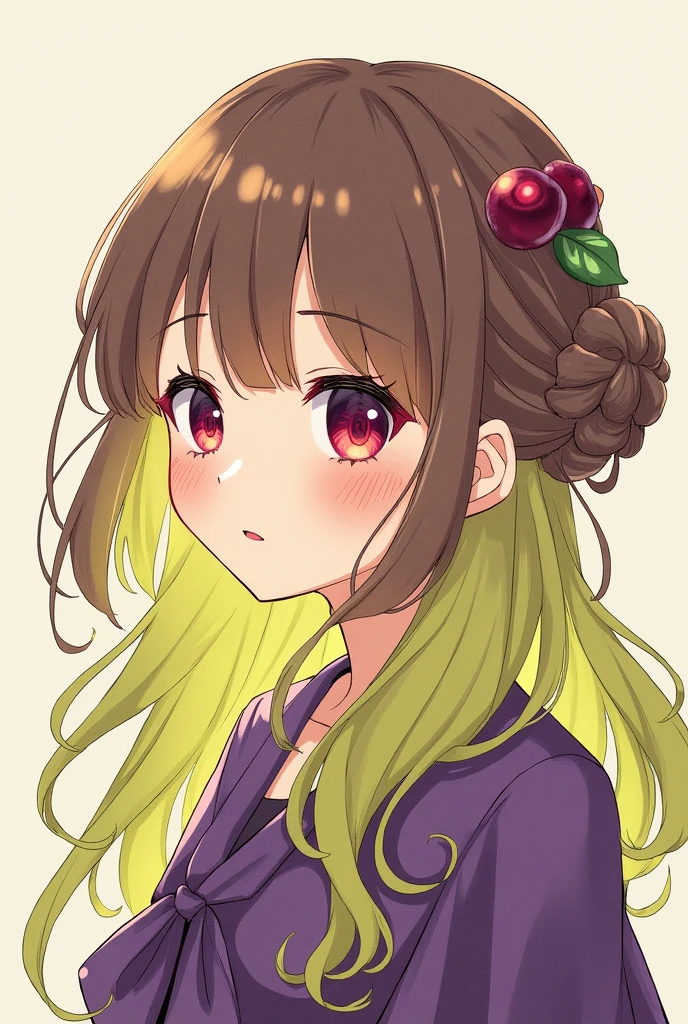 、Illustrated style、Brown Hair、Only the front and left side hair are yellow-green、Plum Hairpin、Top: yellow-green, bottom: dark purple、Drooping eyes、Red eyes、Fleeting、A hairpin is stuck in the bun、Rough texture illustration