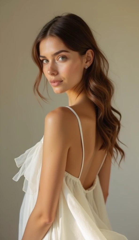 Create a striking and artistic portrait of a 27-year-old American model. The model should be posed in a natural, confident manner, exuding elegance and poise. Use a minimalistic and sophisticated approach, focusing on clean lines and a classic aesthetic. The model should be shown in a tasteful and artistic manner, with soft lighting that highlights their features and natural beauty. The background should be a subtle, elegant gradient or a soft, neutral tone to ensure the focus remains on the model. Avoid any overly dramatic or explicit elements; instead, aim for a refined and respectful presentation that emphasizes the model's grace and style.