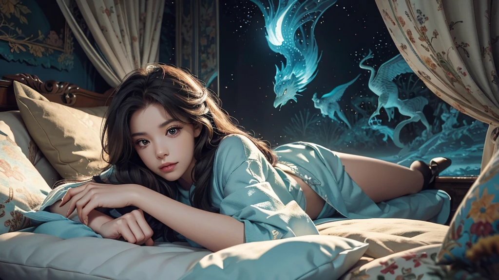 Illustrate a person lying in bed, with their dream world materializing above them—filled with surreal landscapes, symbols, and vibrant colors