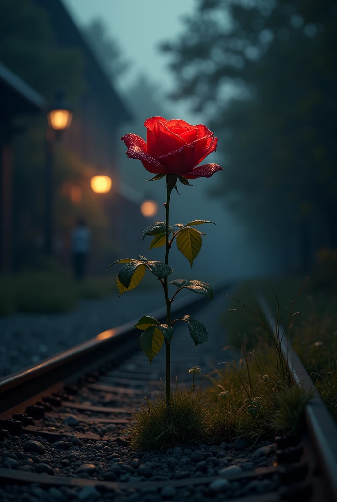 the real beauty of a rose flower that shines in the darkness of the path in railway station track. Landscape mode