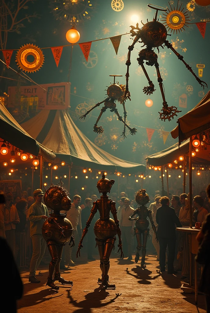 A sideshow of surreal, mechanical wonders—floating gears, steam-driven automata, and 1960s-inspired curiosities