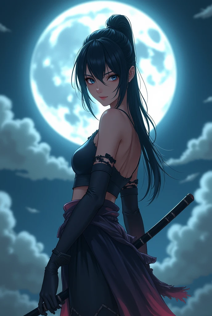 Highest quality, Realistic, Very detailed, finely, High resolution, 8k、Ninja、Tie your hair、Moonlight、fly in the sky、Double teeth、A face with dimples、Beautiful clavicle、Beautiful inner thighs、Delicate eyes、Facing forward、looking at the camera、Shuriken in the inner thigh、Torn clothes、With belly button piercing、smile