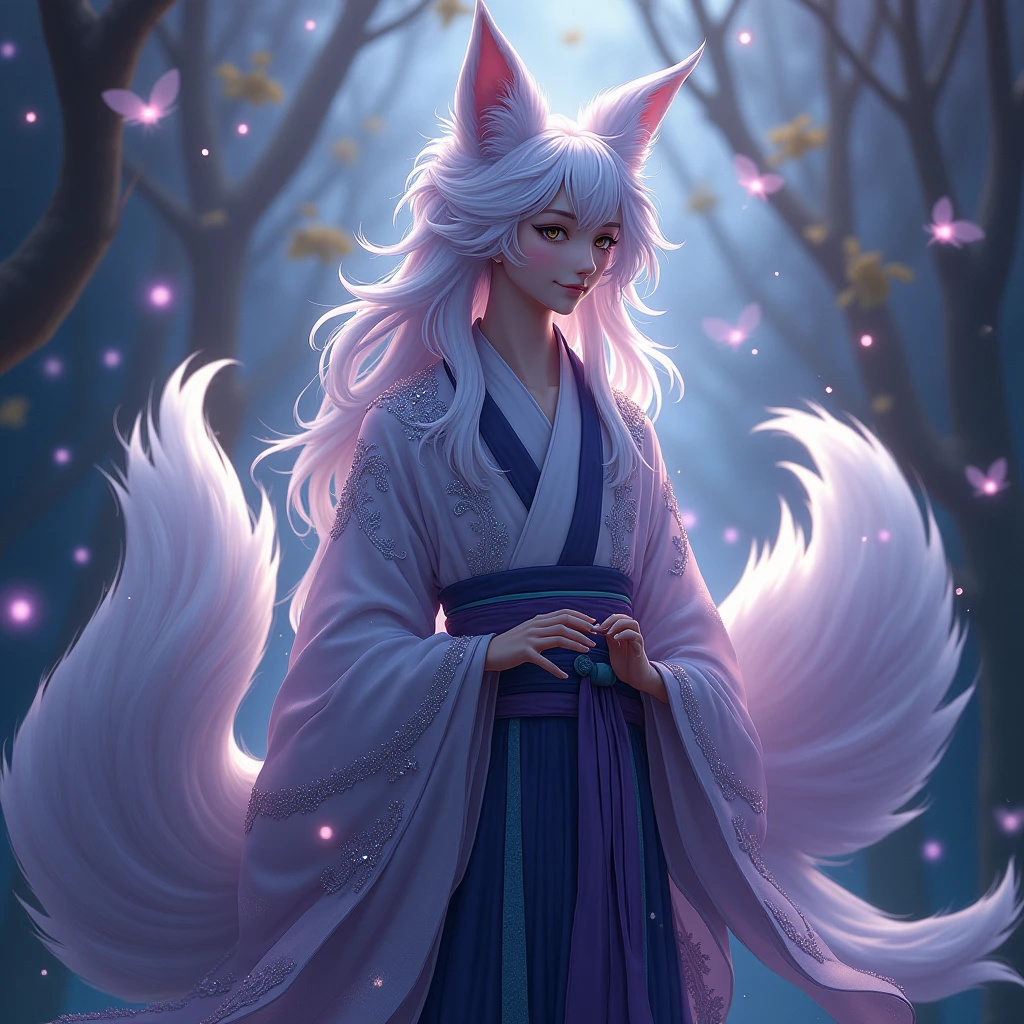 There is one young handsome thin man, a male nine-tailed silver fox from Japanese mythology with long hair, in clothes, his nine tails spread like a fan behind his back, he laughs, he smiles thoughtfully, (masterpiece), full-length, facing the viewer, surrealism, fantastic lighting, fireflies, sequins, the overall tone is silvery-purple,(masterpiece:1.2) (best quality) (detailed) (intricate) (8k) (HDR) (wallpaper) (cinematic lighting) (sharp focus)