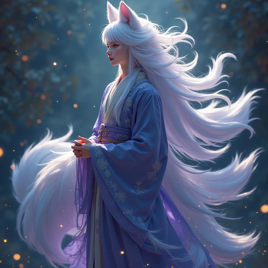 There is one young handsome thin man, a male nine-tailed silver fox from Japanese mythology with long hair, in clothes, his nine tails spread like a fan behind his back, he laughs, he smiles thoughtfully, (masterpiece), full-length, facing the viewer, surrealism, fantastic lighting, fireflies, sequins, the overall tone is silvery-purple,(masterpiece:1.2) (best quality) (detailed) (intricate) (8k) (HDR) (wallpaper) (cinematic lighting) (sharp focus)