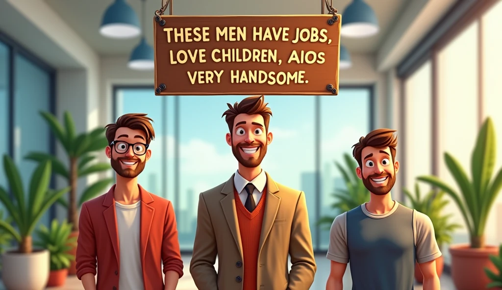 Third Floor Sign: The third floor features a sign that reads, "These men have jobs, love children, and are very handsome," showing attractive men in stylish clothes with confident smiles. 3d cartoon image style