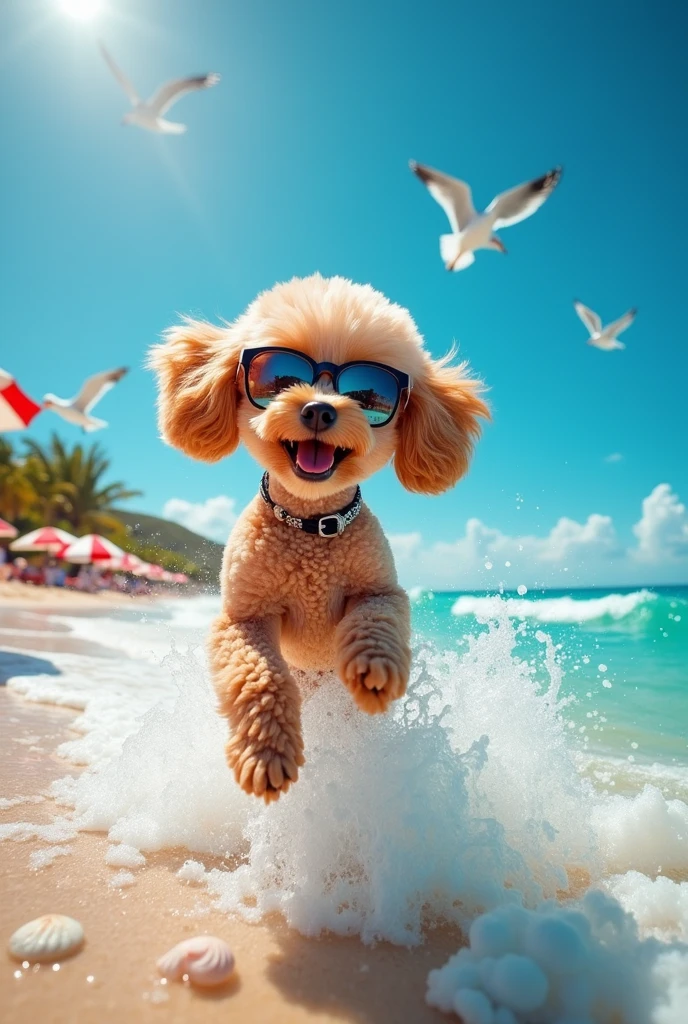 Wearing sunglasses、Toy poodle playing in the sea