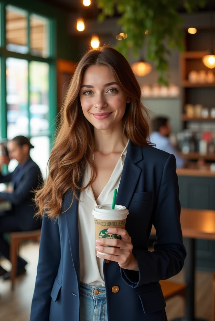 Profile of a woman holding a Starbucks cup