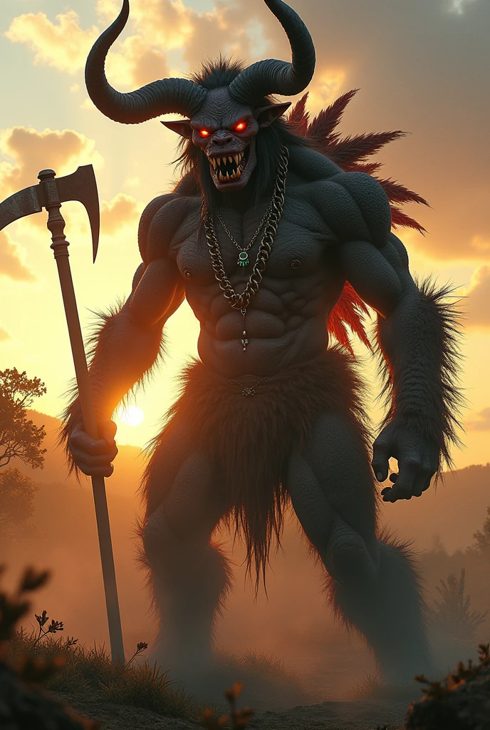 (photorealism:1.2), Like a human, long horned, fiery eyes, wide mouth, big fangs, big eyes, muscular and sturdy, hot chain necklace, gemstone earrings, messy hair, realistic, covered in blood, rural background, giant, carry a sickle, fight with Godzilla.