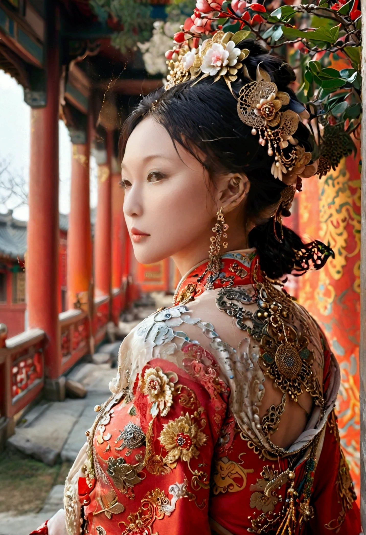 A naked woman from the Qing Dynasty has rather large breasts and her buttocks are sticking out, as seen from her profile., The background is outside the Qing Dynasty Palace