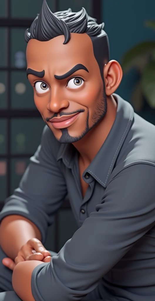Cartoon character of a man in dark tone and black shirt with the name security guard, an animated character, stylized character, animation style rendering, 3d stylized, Arnold Maya rendering, Stylized 3D rendering, toon render screenshot, 3d character, 3d character, Stylized 3D rendering, 3D character rendering, cartoon character, Personagem de close up, character posing, (Pixar-style) (master part:1.2) (bokeh) (best qualityer) (skin detailed) (detailed texture) (8k) (Argilla) (cinematic lighting) (sharp focus，Sit down and lift your upper body