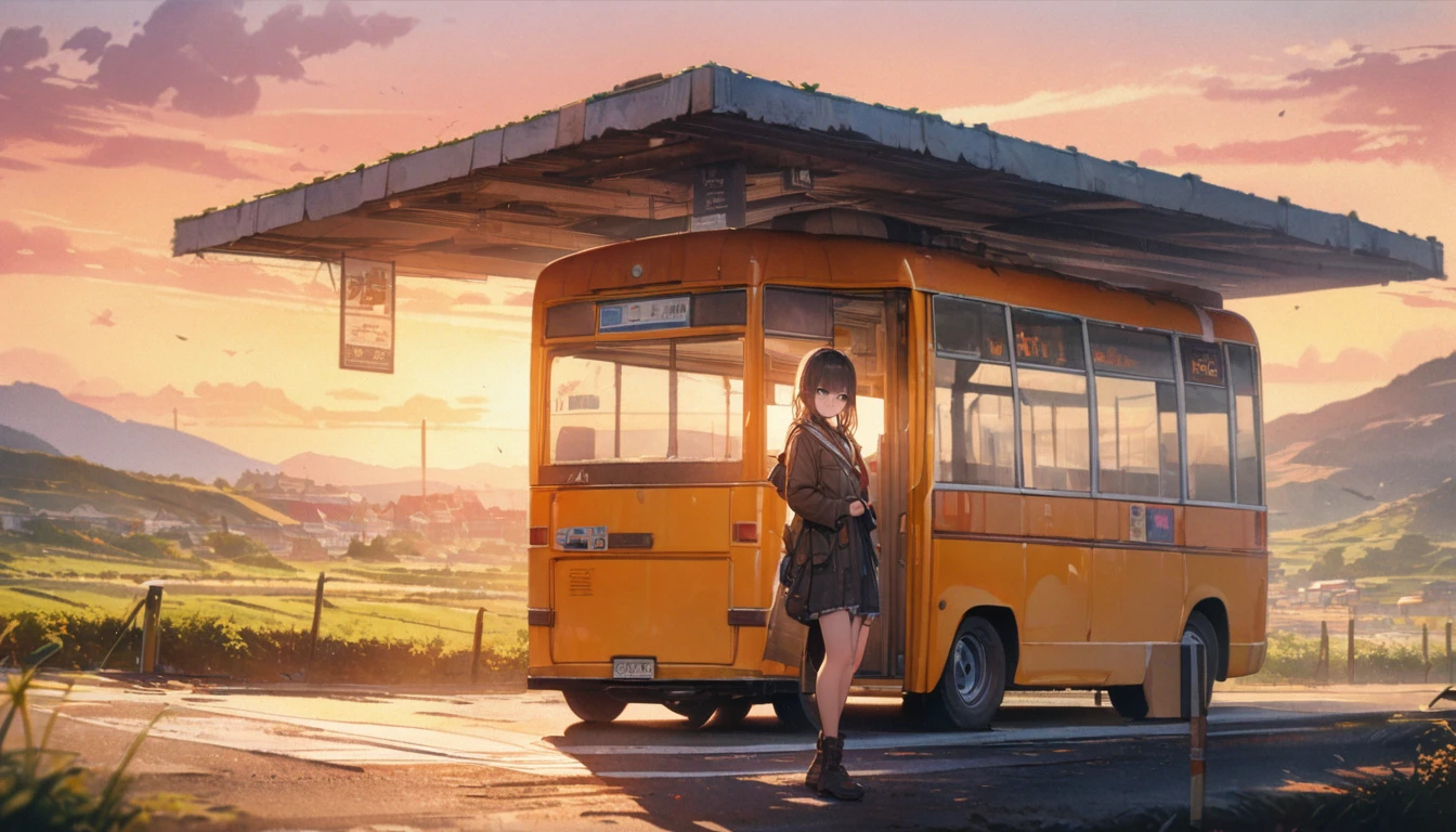 A female student standing at a deserted bus stop in the countryside、Look at me and smile、Scenery of Showa、sunset、Watercolor、masterpiece, best quality, high quality, detailed, ultra detailed, hyper detailed, insanely detailed, exquisite, beautiful, Full-HD, 4K, 8k, 16K、on right, rule of thirds