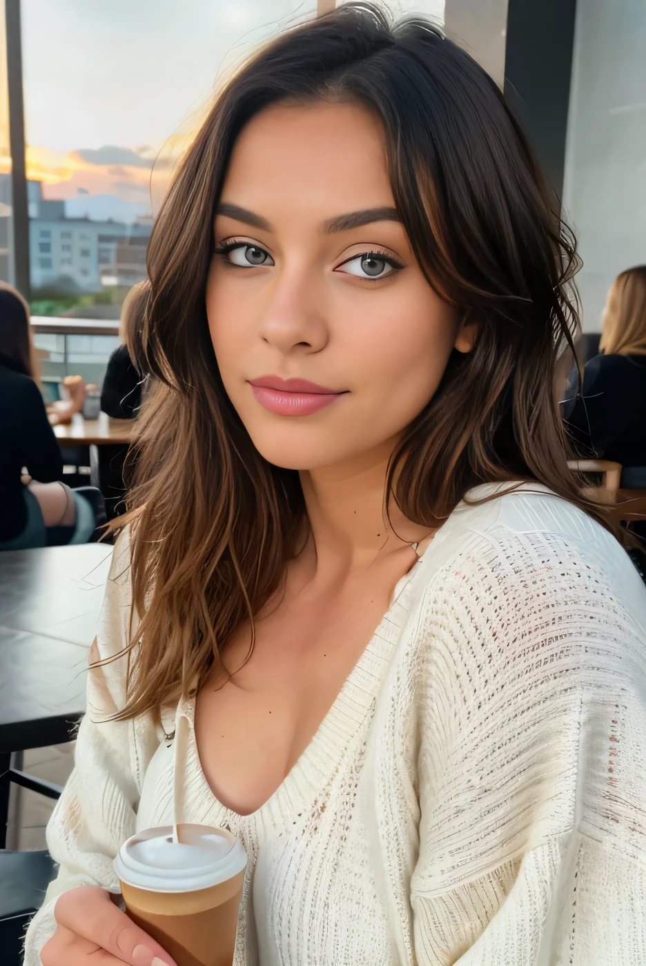 cute beautiful blonde wearing black sweater (drinking coffee inside a modern cafe at sunset), very detailed, 20 years old, inoccent face, natural wave hair, blue eyes, high-res, masterpiece, best quality,intricate details, highly detailed,sharp focus, detailed skin,realistic skin texture,texture, detailed eyes, professional, 4k, charmer smile, shot on Canon, 85mm,shallow depth of field,kodak vision color, perfect fit body, extremely detailed, photo_\(ultra\), photorealistic, realistic, post-processing, max detail, roughness, real life, ultra realistic, photorealism, photography, 8k uhd, photography