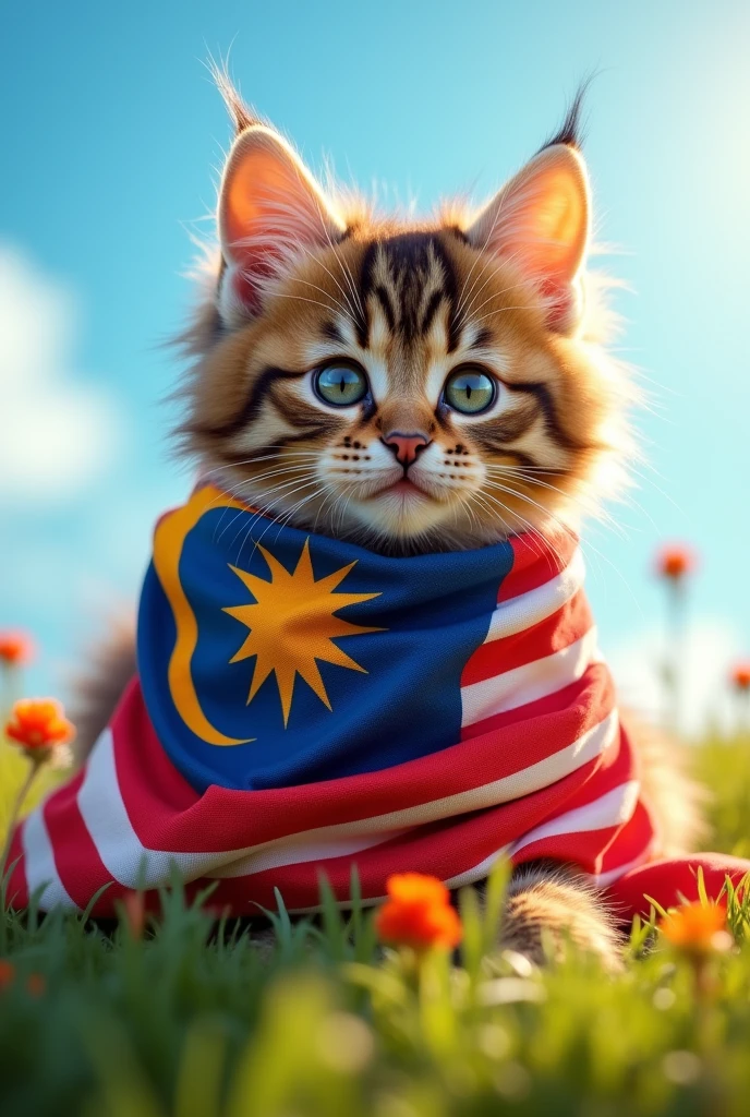 Cat wrapped in malaysian flag