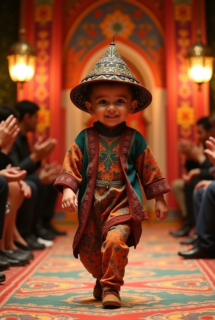 big head wearing Moroccan in full body realistic fashion show