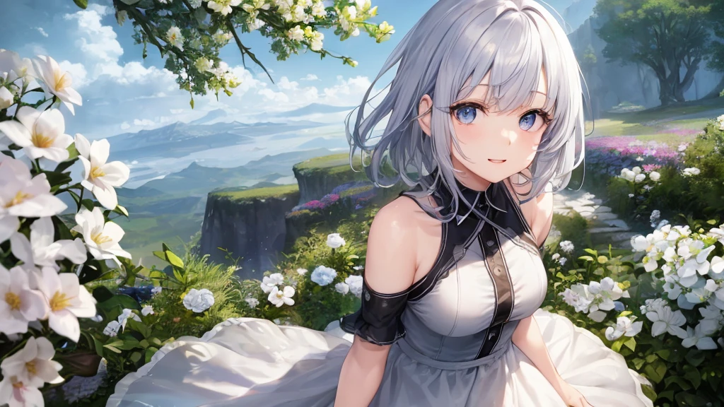 Ultra HD,Look at the viewers, Put your hands behind your back, With a girl, 20-year-old, 非常にShort Hair, Long bangs between the eyes, Pale blue eyes, Very detailed,(masterpiece、Highest quality),Gray Hair、Laughter、Fantastic, Silver Hair, Iris, Short hair、 Fluttering Hair、Small Face、明るいsmile、(Detailed face) ,Professional Lighting,Wonderful landscape,blue sky, sunlight,Looking down from above,Portraiture、Open your mouth、Flower Field、Her eyes were shining、Mysterious and enchanting atmosphere。With AI Painting、とてもShort Hair, Long bangs between the eyes, Very detailed,(masterpiece、Highest quality)、alone、Gray Hair、Fantasy, Silver Hair, Fantasyな風景、White shirt、smile、Open your mouth、short hair、Short Hair、hairpin、black eye、Grey Eyes、Beautiful Eyes、