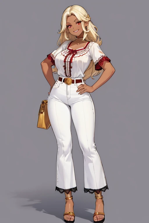 female, white long hair, red eyes, dark skin, (((1girl))), (((white short sleeve lace blouse))), (white denim pants), (gold low heel sandals), (gold belt), cute and sexy, full body, large breasts, long legs, smiling
