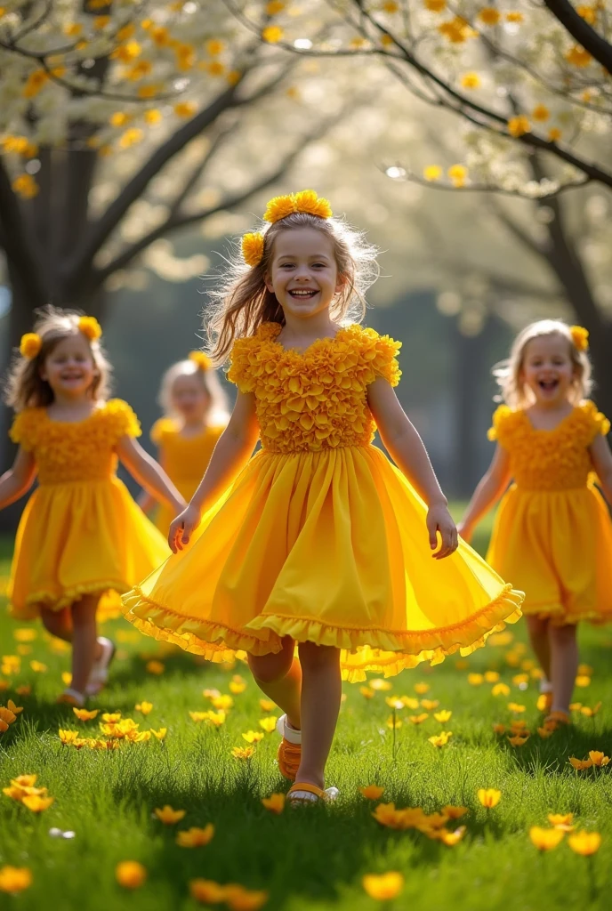 Boys and girls dressed in buttercup flowers in school