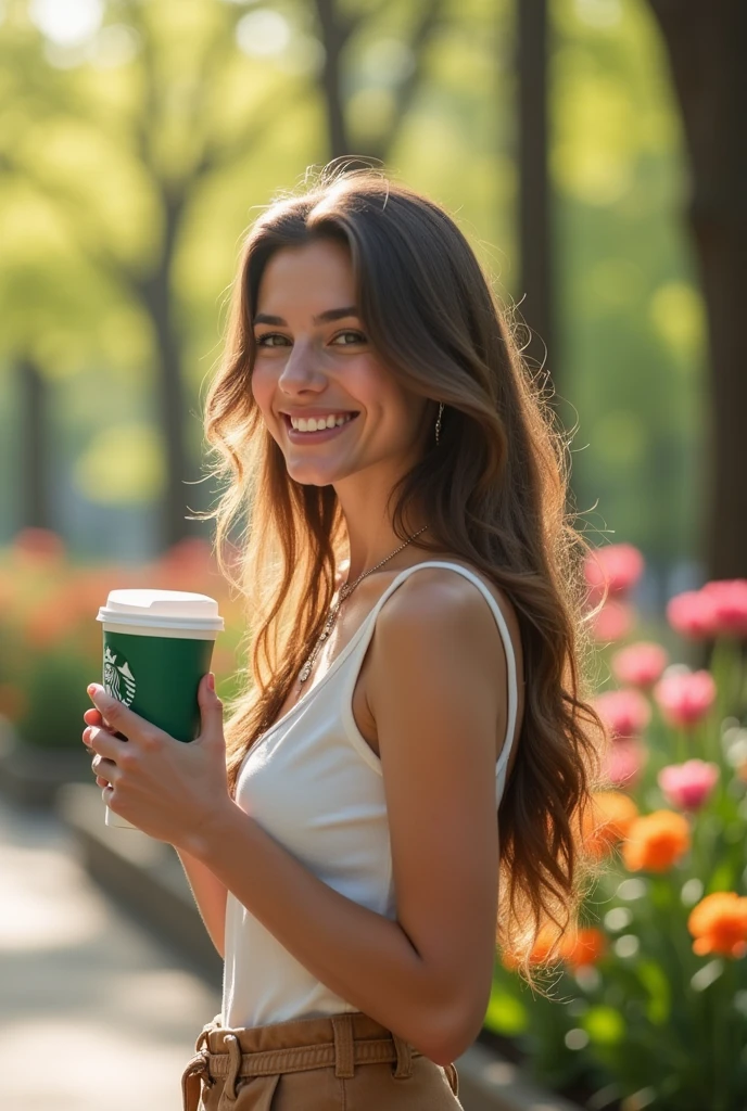 Profile of a woman holding a Starbucks cup